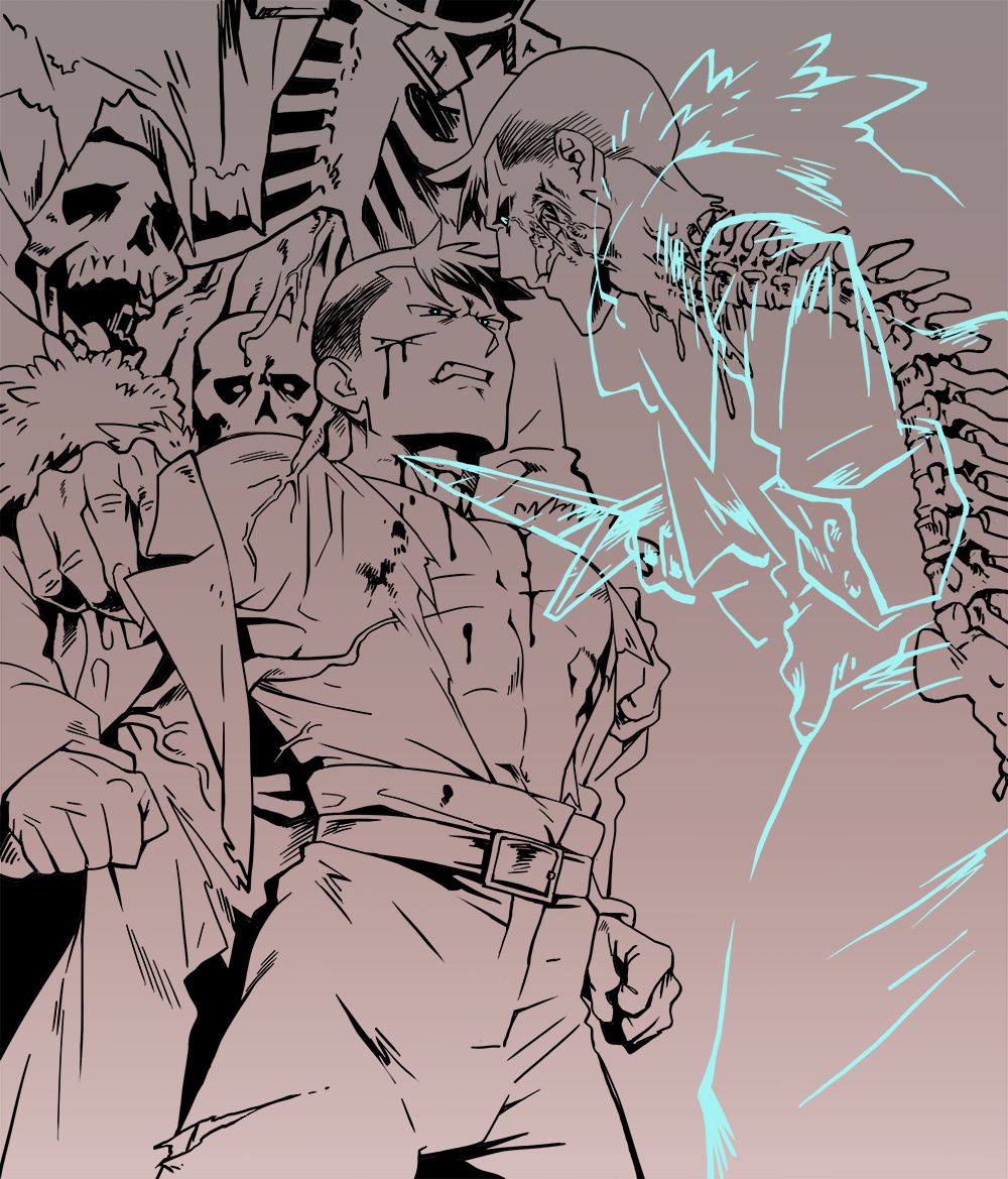 1other, 2boys, belt, bleeding, blood, blue_eyes, brown_theme, dagger