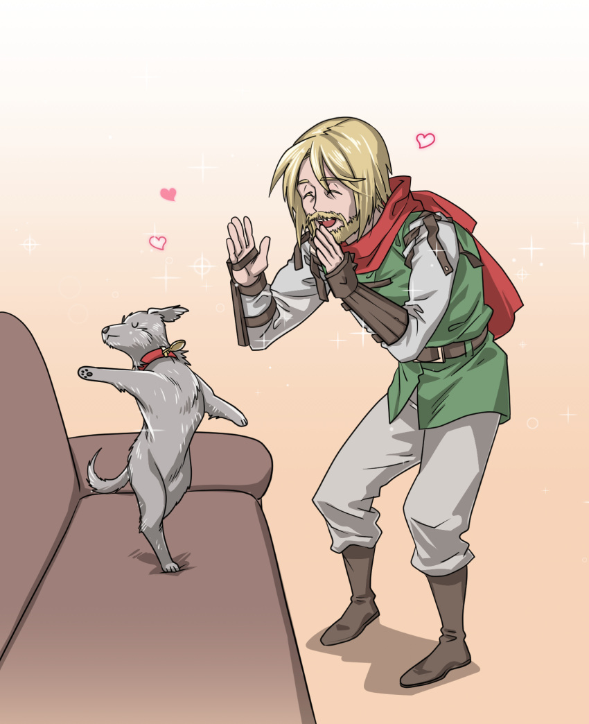 1boy, beard, blonde_hair, boots, clapping, dancing, darkest_dungeon, dog