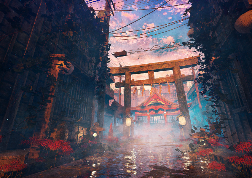 absurdres, architecture, building, clouds, east_asian_architecture, flower, fog, highres, hisamesy, huge_filesize, lantern, no_humans, original, power_lines, reflection, scenery, shrine, sky, spider_lily, torii, water, window