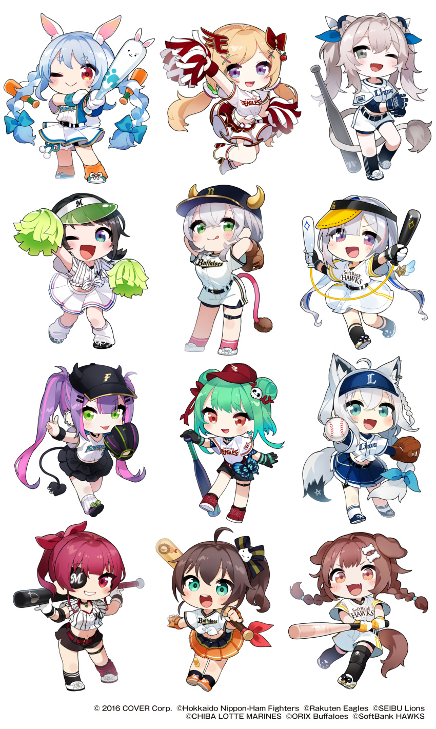 6+girls, :d, ;d, absurdres, adjusting_sleeves, ahoge, aki_rosenthal, alternate_costume
