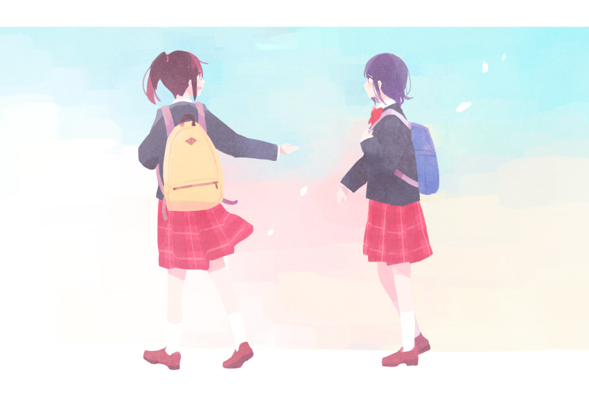 2girls, backpack, bag, black_hair, black_jacket, blazer, blue_eyes, blue_hair