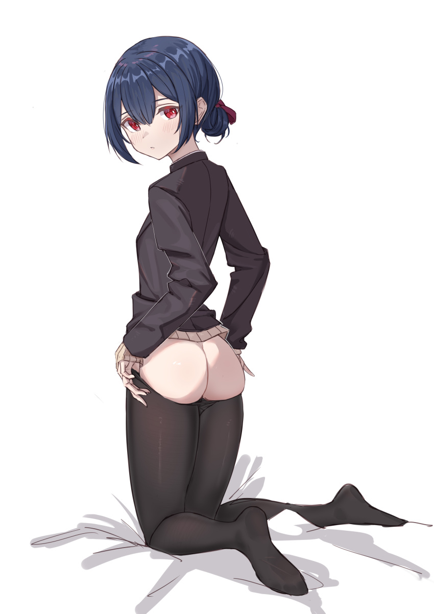 1girl, absurdres, ass, bed_sheet, black_jacket, black_legwear, blue_hair, blush