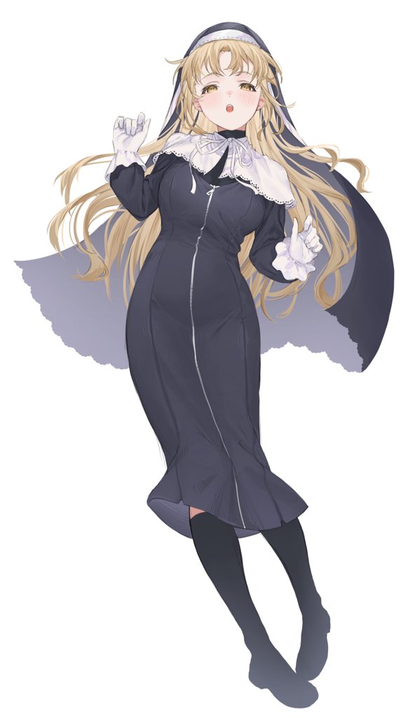 1girl, bangs, black_dress, blush, breasts, capelet, dress, eyebrows_visible_through_hair, eyelashes, gloves, habit, light_brown_hair, long_hair, medium_breasts, nao_0829_17, nijisanji, nun, parted_bangs, ribbon, sister_cleaire, solo, teeth, virtual_youtuber, white_background, white_capelet, white_gloves, white_ribbon