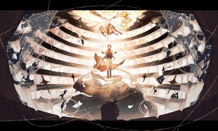 aluce, arms_up, asmodeus_(umineko), beelzebub_(umineko), belphegor_(umineko), boots, brown_hair, closed_eyes