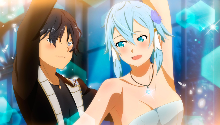 1boy, 1girl, absurdres, asada_shino, black_eyes, black_hair, blue_eyes, blue_hair