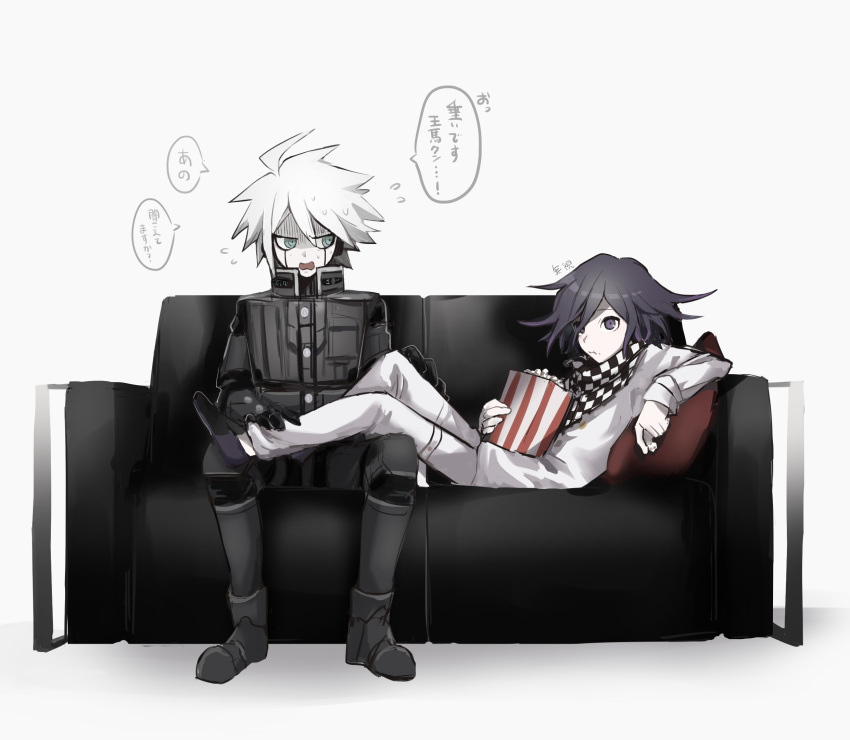 2boys, a_tama_(pakpak_tkg), ahoge, bangs, black_gloves, checkered, checkered_neckwear, checkered_scarf, commentary_request, couch, dangan_ronpa_(series), dangan_ronpa_v3:_killing_harmony, flying_sweatdrops, food, full_body, gloves, grey_eyes, grey_hair, grey_jacket, grey_pants, highres, jacket, keebo, long_sleeves, looking_at_another, lying, male_focus, multiple_boys, on_couch, ouma_kokichi, pants, pillow, popcorn, power_armor, purple_hair, scarf, shaded_face, shoes, simple_background, sitting, speech_bubble, straitjacket, translation_request