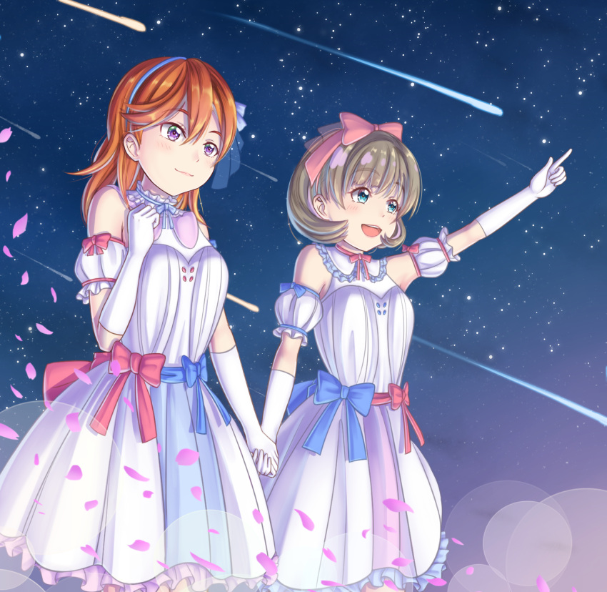 2girls, bare_shoulders, blue_bow, blue_eyes, blush, bow, closed_mouth, commentary_request