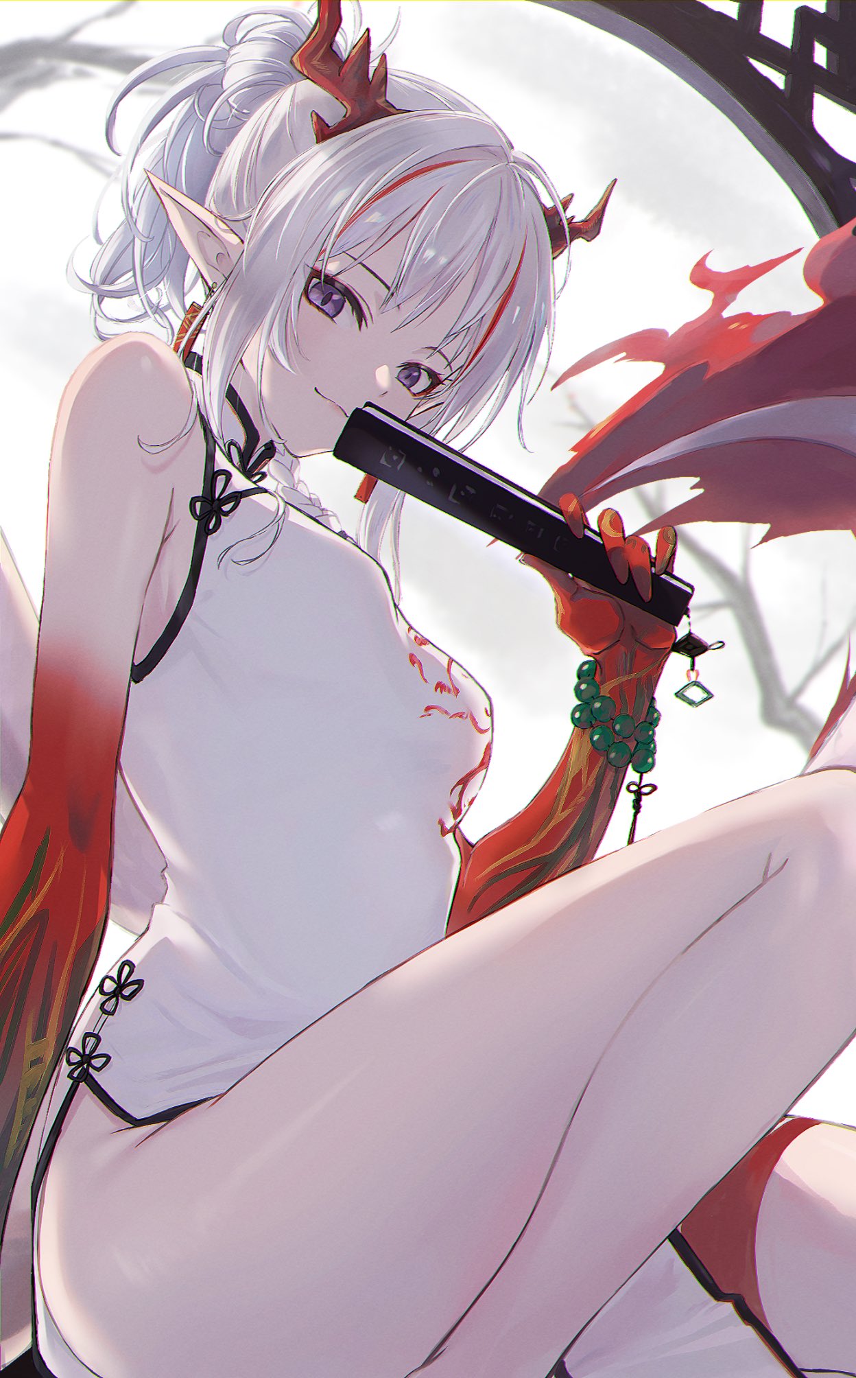 1girl, arknights, arm_tattoo, bead_bracelet, beads, bracelet, china_dress, chinese_clothes