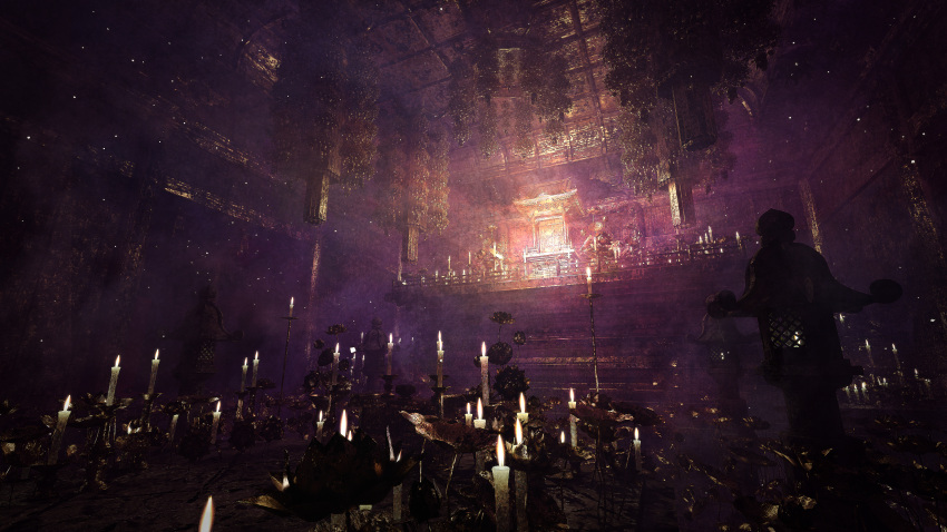 absurdres, candle, candle_wick, candlestand, ceiling, fence, fog, gold, highres, hisamesy, huge_filesize, indoors, lantern, no_humans, original, path, pillar, scenery, shrine, tile_ceiling, tiles, wood