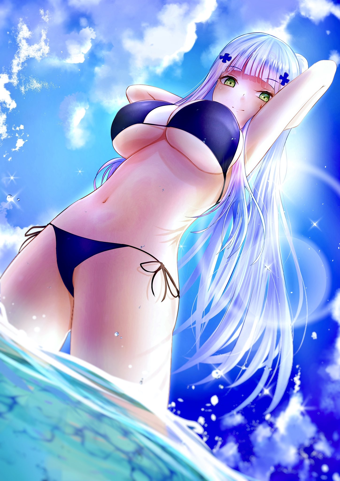 1girl, bangs, bikini, blunt_bangs, breasts, girls_frontline, green_eyes, guchagucha