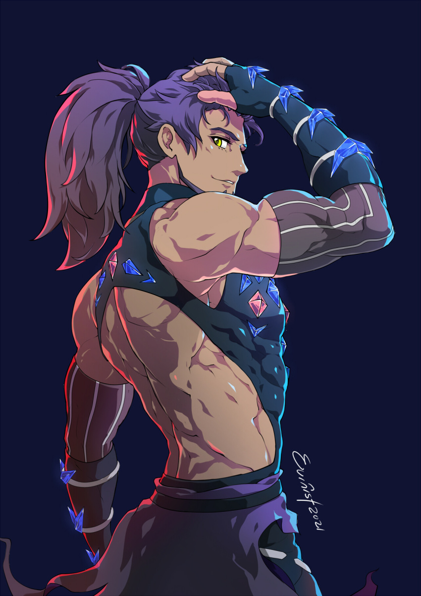 1boy, bangs, bare_shoulders, black_bodysuit, black_gloves, bodysuit, commentary, covered_abs