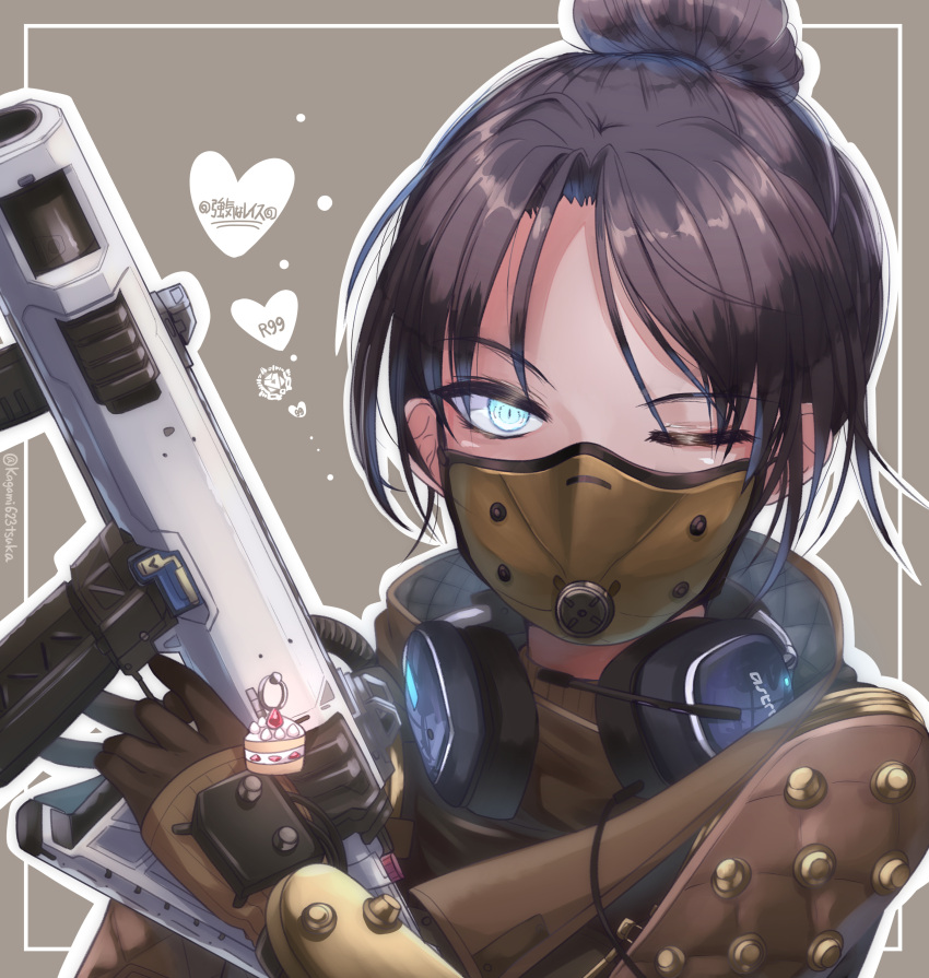 1girl, absurdres, airship_assassin_wraith, animification, apex_legends, bangs, blue_eyes, brown_background, brown_bodysuit, brown_gloves, gloves, gun, hair_bun, headphones, headphones_around_neck, headset_removed, heart, highres, holding, holding_gun, holding_weapon, kagamitsuka, mask, mouth_mask, one_eye_closed, parted_bangs, r-99_smg, solo, submachine_gun, weapon, wraith_(apex_legends)