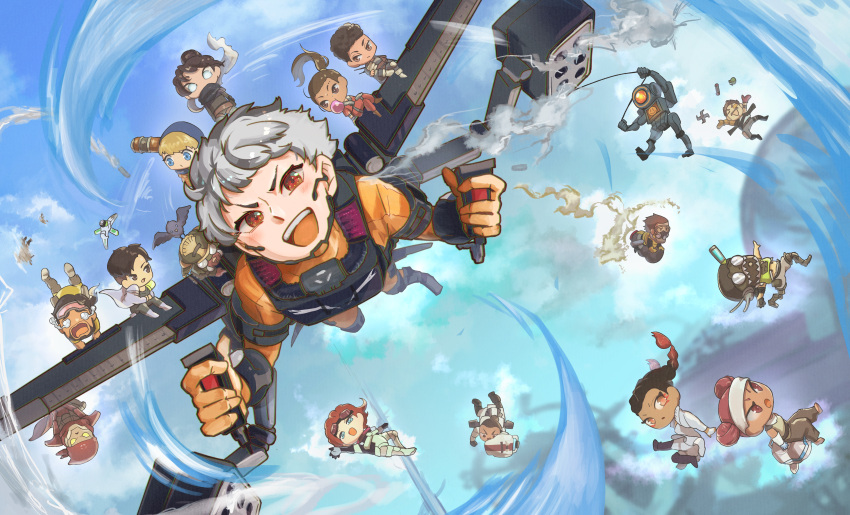 1other, 6+boys, 6+girls, absurdres, ambiguous_gender, animal_on_head, animification, apex_legends, arc_star, bangalore_(apex_legends), beige_tank_top, bird, bird_on_head, black_hair, black_pants, black_scarf, blonde_hair, bloodhound_(apex_legends), blue_eyes, brown_eyes, brown_hair, caustic_(apex_legends), chibi, crying, crypto_(apex_legends), dark-skinned_female, dark-skinned_male, dark_skin, double_bun, drone, everyone, explosive, flying, fuse_(apex_legends), gas_mask, gibraltar_(apex_legends), glowing, glowing_eyes, goggles, goggles_on_head, gradient_hair, green_vest, grenade, grey_hair, hack_(apex_legends), hair_behind_ear, headband, helmet, highres, horizon_(apex_legends), huge_filesize, humanoid_robot, in-universe_location, jetpack, juggling, lifeline_(apex_legends), loba_(apex_legends), long_hair, looking_down, looking_to_the_side, mirage_(apex_legends), missile_pod, multicolored_hair, multiple_boys, multiple_girls, octane_(apex_legends), olympus_(apex_legends), on_head, one-eyed, one_eye_covered, orange_eyes, pants, pathfinder_(apex_legends), rampart_(apex_legends), red_bandana, red_eyes, redhead, revenant_(apex_legends), sanmi_(t_sanmi), scarf, science_fiction, shadow, shield, short_hair, simulacrum_(titanfall), syringe_in_head, valkyrie_(apex_legends), vest, wattson_(apex_legends), white_headband, wraith_(apex_legends), yellow_eyes