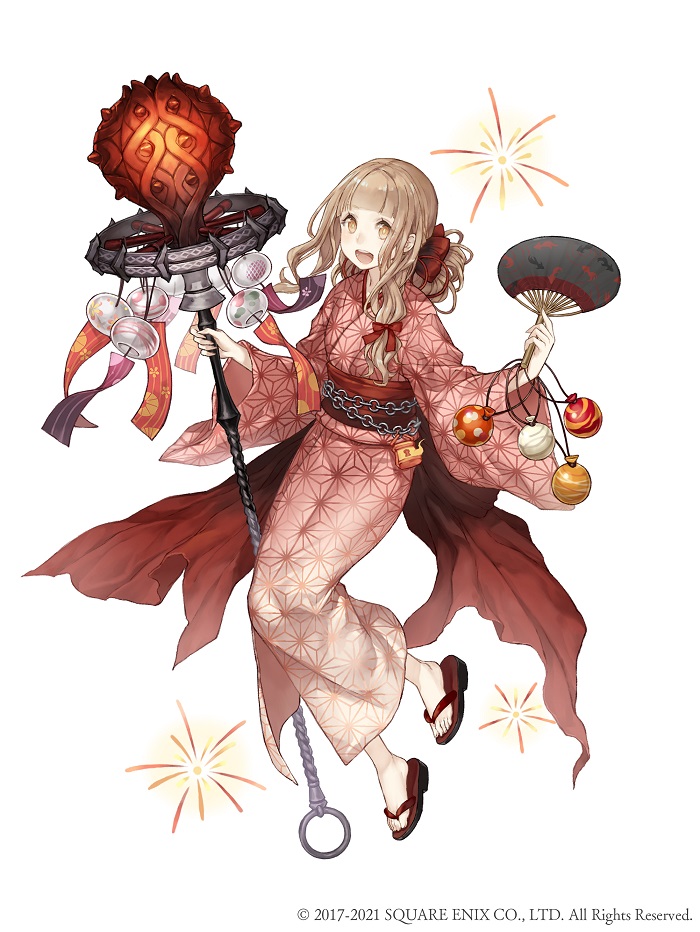 1girl, :d, bangs, blonde_hair, flip-flops, full_body, hair_between_eyes, hand_fan