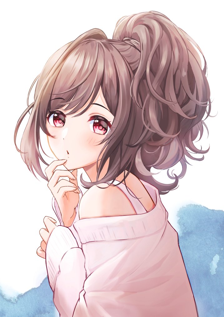 1girl, bare_shoulders, blush, brown_hair, dress, eyebrows_visible_through_hair, hand_on_own_chin, hands_up