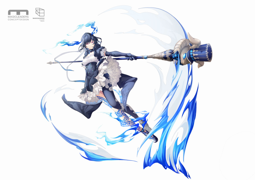 1girl, absurdres, alice_(sinoalice), asymmetrical_legwear, aura, black_hair, body_markings, choker, closed_mouth, dress, elbow_gloves, fighting_stance, gloves, hair_ribbon, hat, highres, holding, holding_staff, looking_at_viewer, mary_janes, no_nonet, pantyhose, petticoat, puffy_short_sleeves, puffy_sleeves, red_eyes, ribbon, serious, shoes, short_hair, short_sleeves, simple_background, sinoalice, staff, white_background