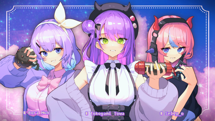 3girls, apex_legends, arc_star, bangs, beret, bibi_(tokoyami_towa), black_headwear, black_shirt, black_skirt, blue_eyes, blue_hair, breasts, character_name, collared_shirt, crazy_raccoon, ear_piercing, eyebrows_visible_through_hair, frilled_shirt, frills, green_eyes, hair_behind_ear, hair_ribbon, hat, highres, holding_grenade, holding_shuriken, hololive, kakao346, medium_breasts, multicolored_hair, multiple_girls, nijisanji, nijisanji_kr, nun_bora, piercing, pink_hair, pink_shirt, purple_hair, ribbon, school_uniform, selly55, shirt, shuriken, side_bun, skirt, sleeveless, sleeveless_shirt, smile, streaked_hair, suspenders, tokoyami_towa, virtual_youtuber, white_shirt, yellow_ribbon