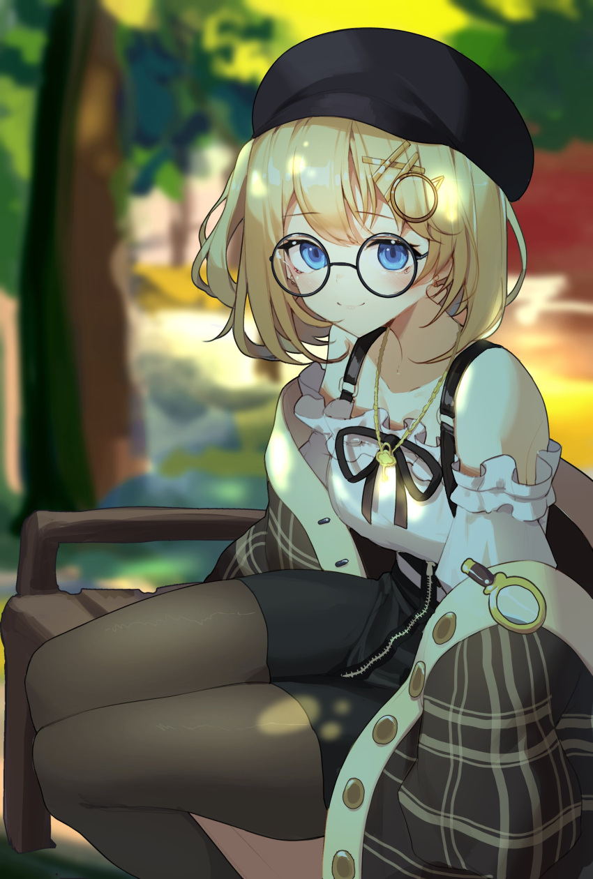 1girl, absurdres, beret, black_headwear, black_legwear, black_skirt, blonde_hair, blush