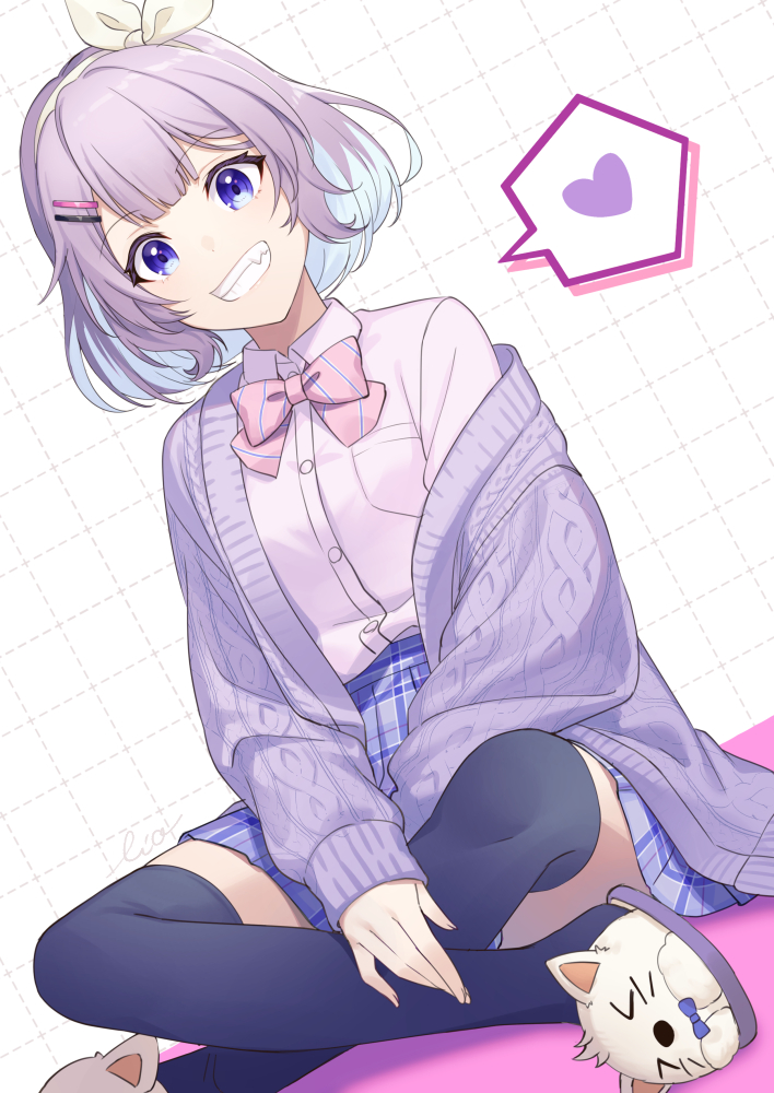 1girl, bangs, blue_eyes, blue_hair, blue_shirt, cardigan, cat_slippers, collared_shirt