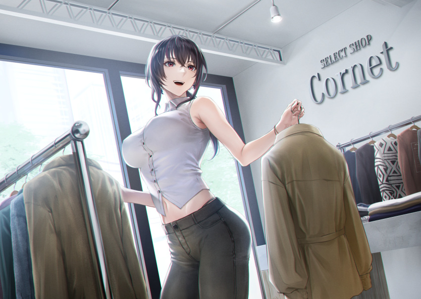 1girl, armpit_peek, black_hair, breasts, ceiling_light, clothes_hanger, clothes_rack, clothes_shop