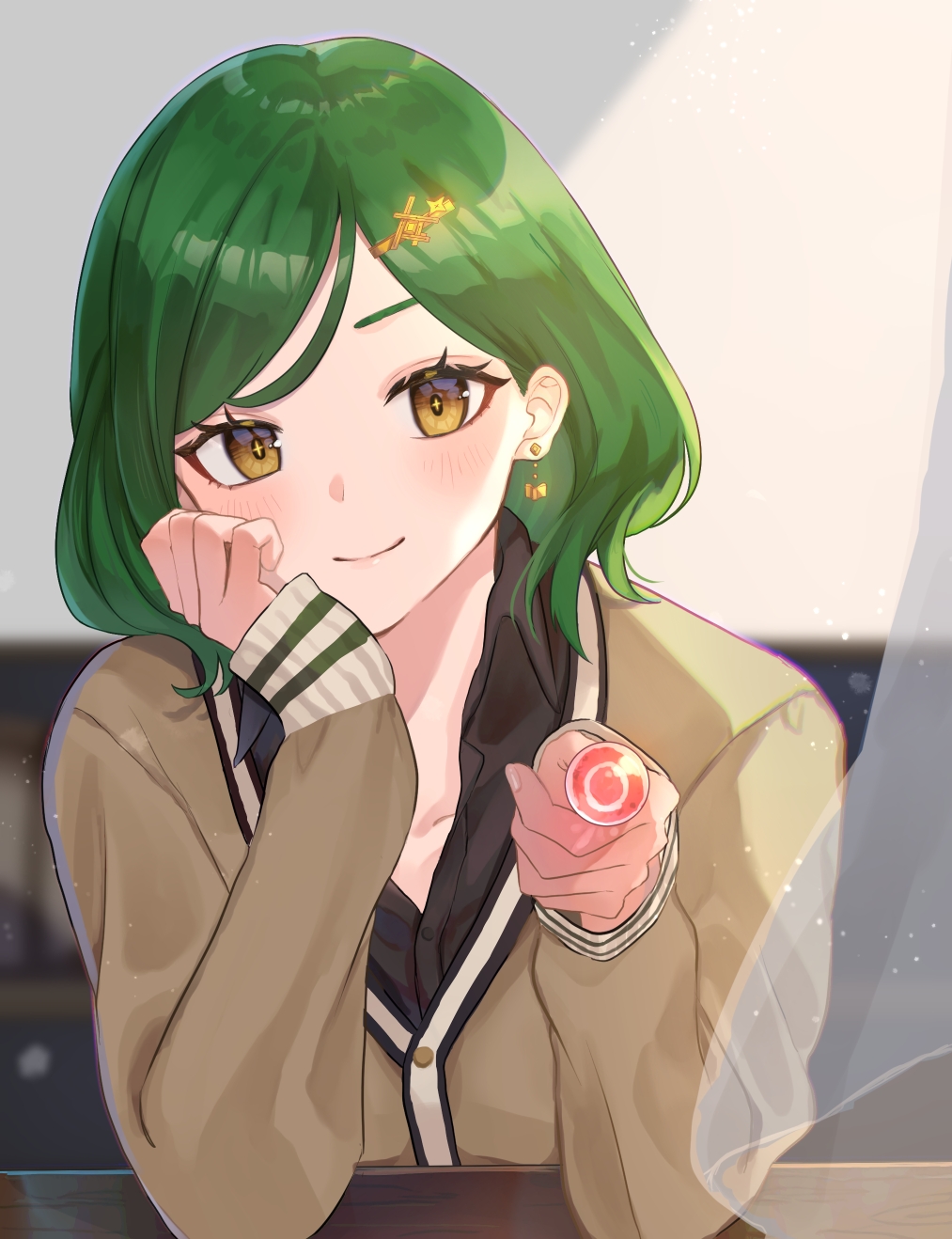 1girl, bangs, beige_cardigan, black_shirt, blush, brown_eyes, candy, cardigan