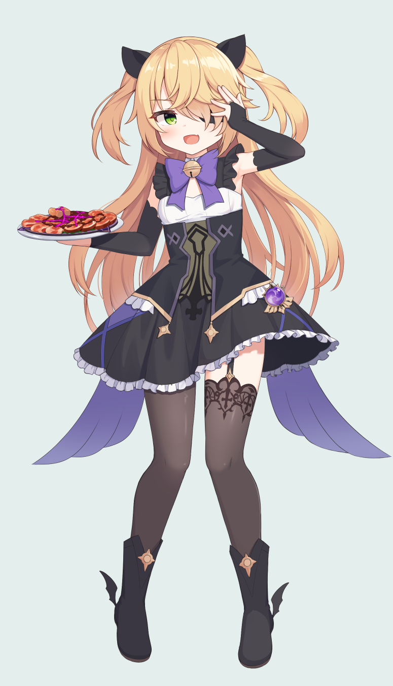 1girl, :d, arm_up, bangs, banned_artist, black_dress, black_footwear, blonde_hair, blush, boots, bridal_gauntlets, brown_legwear, commentary_request, cp00, dress, eyebrows_visible_through_hair, eyepatch, fang, fischl_(genshin_impact), food, frilled_dress, frills, full_body, garter_straps, genshin_impact, green_eyes, grey_background, hair_over_one_eye, highres, holding, holding_tray, long_hair, open_mouth, simple_background, smile, solo, standing, thigh-highs, thighhighs_under_boots, tray, two_side_up, very_long_hair