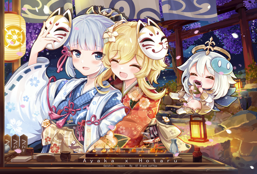 3girls, absurdres, bangs, blonde_hair, blue_eyes, blunt_bangs, blush, cherry_blossoms