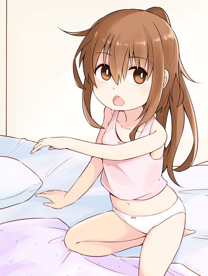 1girl, brown_eyes, brown_hair, chestnut_mouth, commentary_request, fumizuki_(kancolle), futon, kantai_collection, long_hair, looking_at_viewer, okitarou_(okiyo), panties, pillow, ponytail, sitting, solo, tank_top, underwear, white_panties