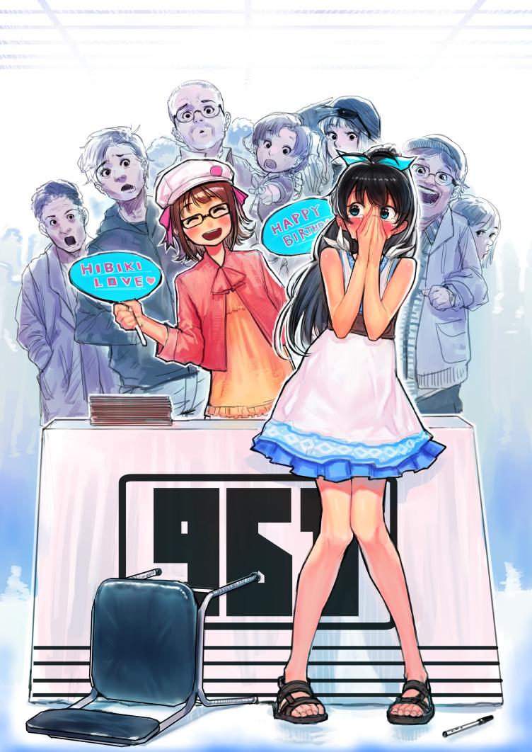 4boys, 5girls, :d, bangs, bare_arms, bare_shoulders, beard, black_hair, blue_background, blue_ribbon, blush, brown_hair, brown_vest, bukimi_isan, chair, character_request, commentary_request, covering_mouth, dress, eyebrows_visible_through_hair, facial_hair, ganaha_hibiki, glasses, hair_ribbon, hands_up, happy_birthday, heart, holding, holding_sign, idolmaster, long_hair, looking_at_another, magazine_stack, multiple_boys, multiple_girls, number, open_mouth, partially_colored, people, pointing, ponytail, ribbon, sandals, short_hair, sign, smile, standing, tearing_up, vest, white_background, white_dress, white_headwear