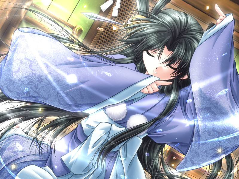 closed_eyes, game_cg, hair_ornament, ichi-sama, japanese_clothes, onikagura, studio_ego, yamamoto_kazue