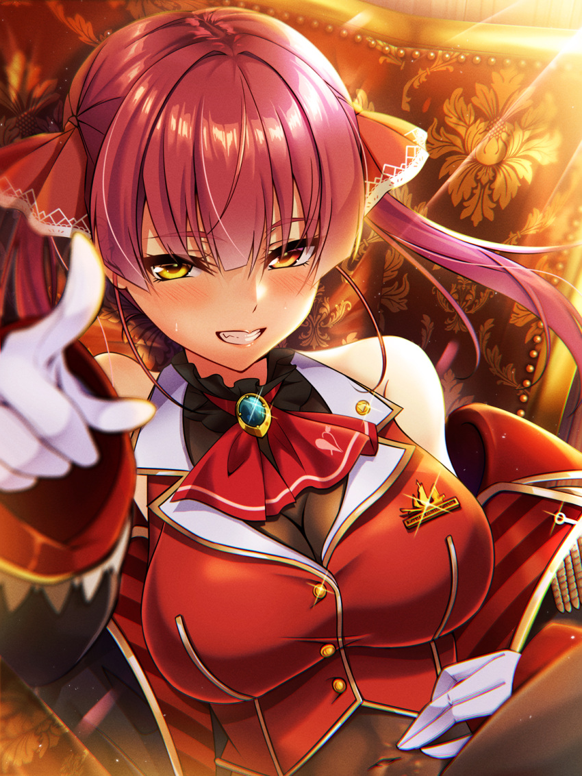 1girl, ascot, black_choker, black_coat, blush, breasts, brooch, choker