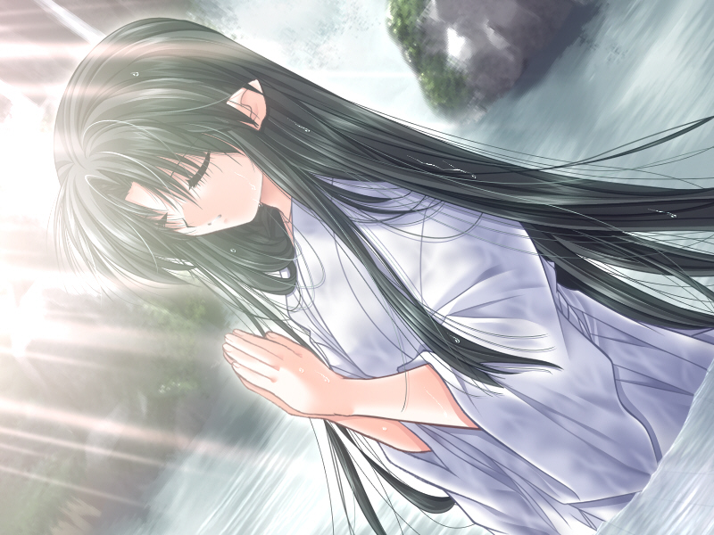 closed_eyes, elf, game_cg, ichi-sama, japanese_clothes, light, meditation, onikagura, pointy_ears, studio_ego, water, yamamoto_kazue