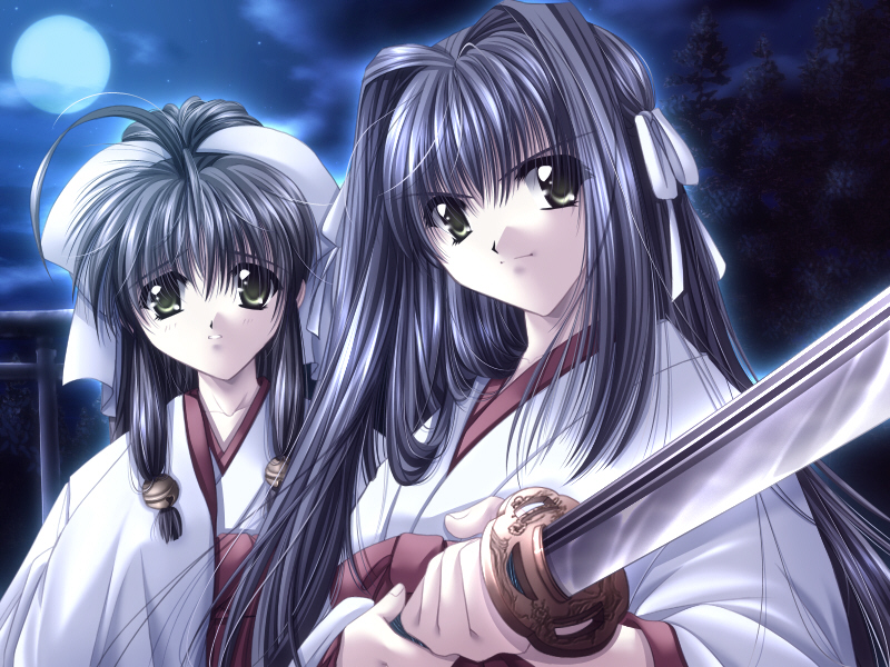ahoge, bell, blue_hair, game_cg, green_eyes, hair_ribbon, hatsu_hana, japanese_clothes