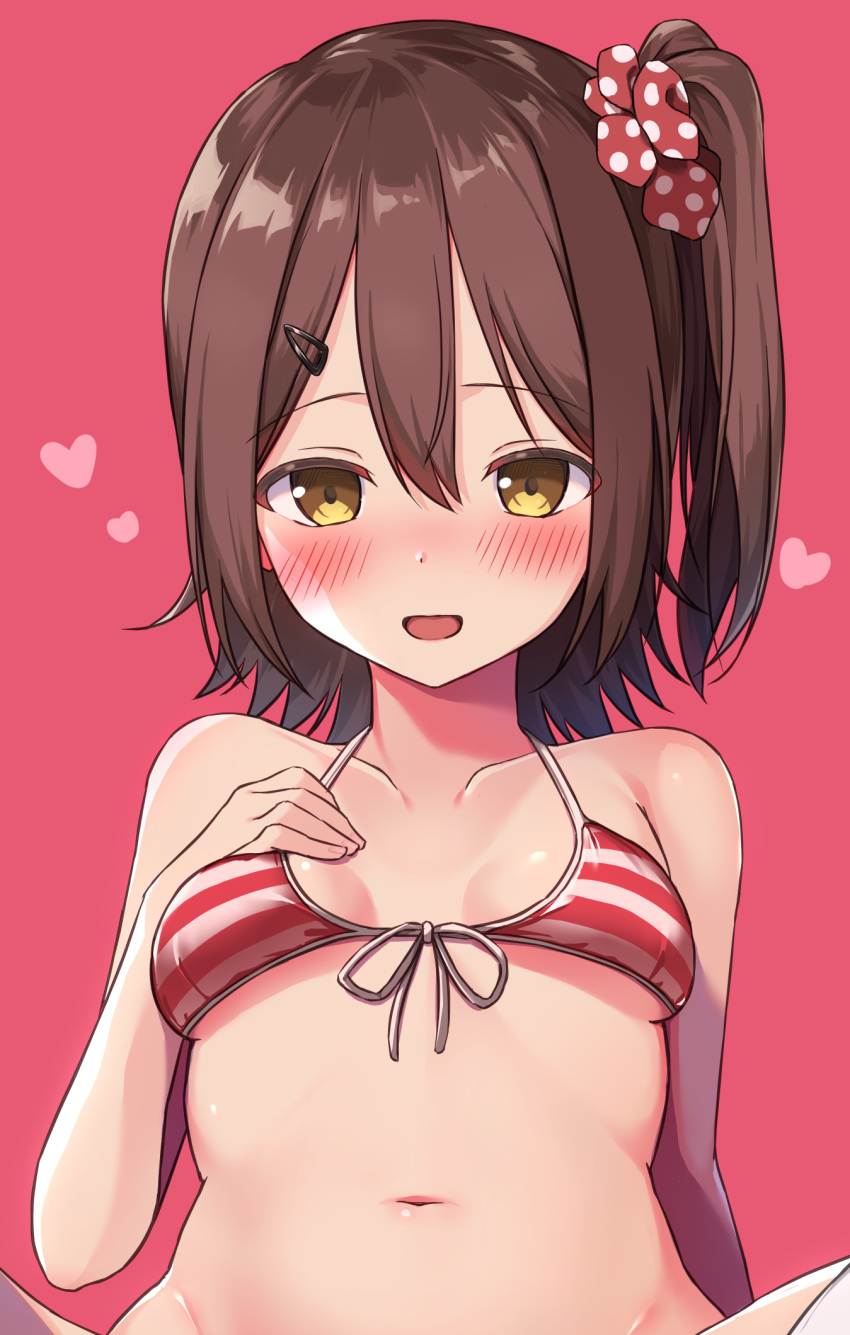 1girl, bikini, breasts, brown_eyes, brown_hair, close-up, hair_ornament, hairclip