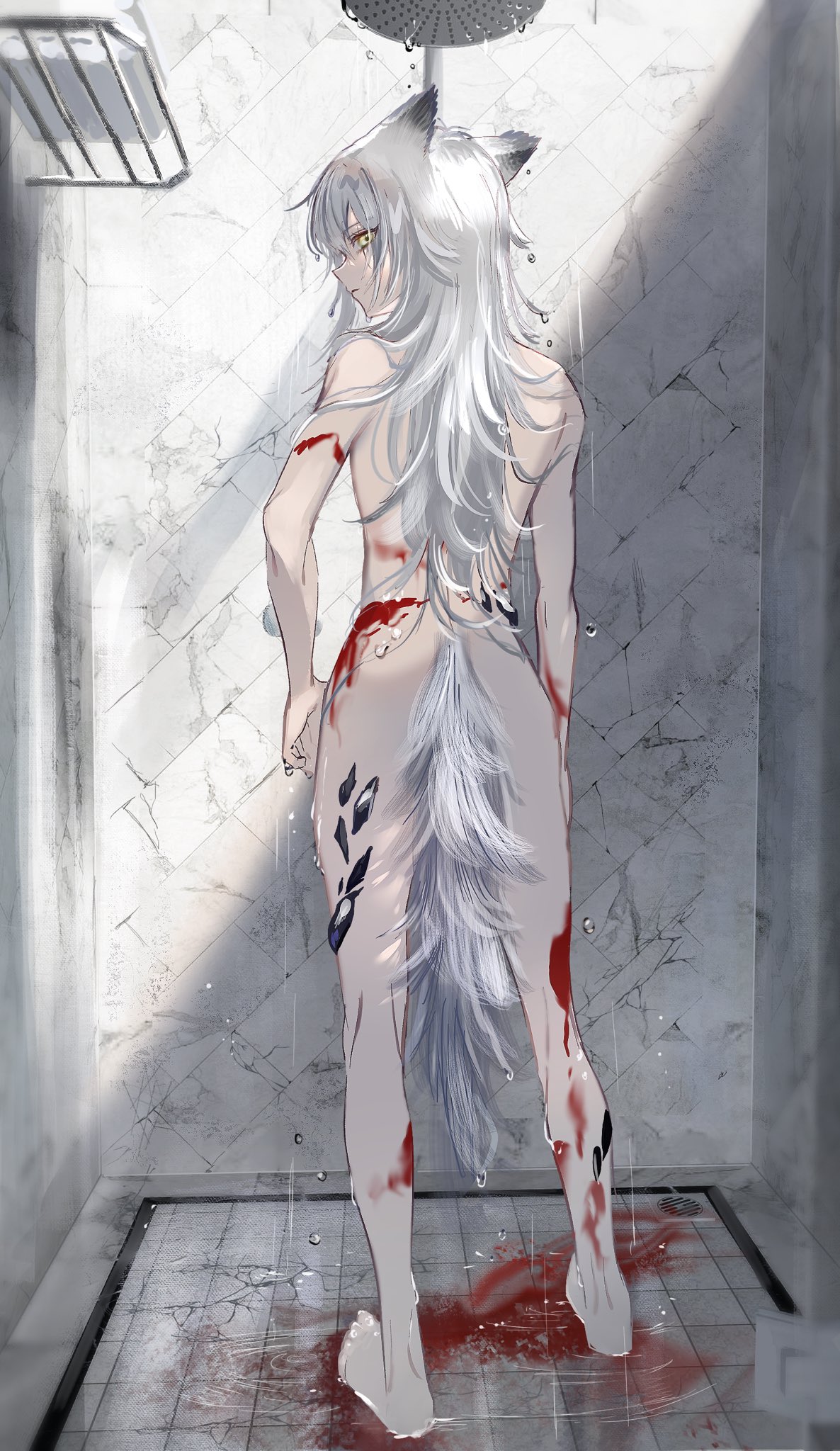 1girl, animal_ears, arknights, blood, commentary, highres, lappland_(arknights), long_hair, messy_hair, nanaponi, nude, oripathy_lesion_(arknights), scar, scar_across_eye, shower_(place), shower_head, showering, silver_hair, solo, tail, wolf_ears, wolf_girl, wolf_tail, yellow_eyes