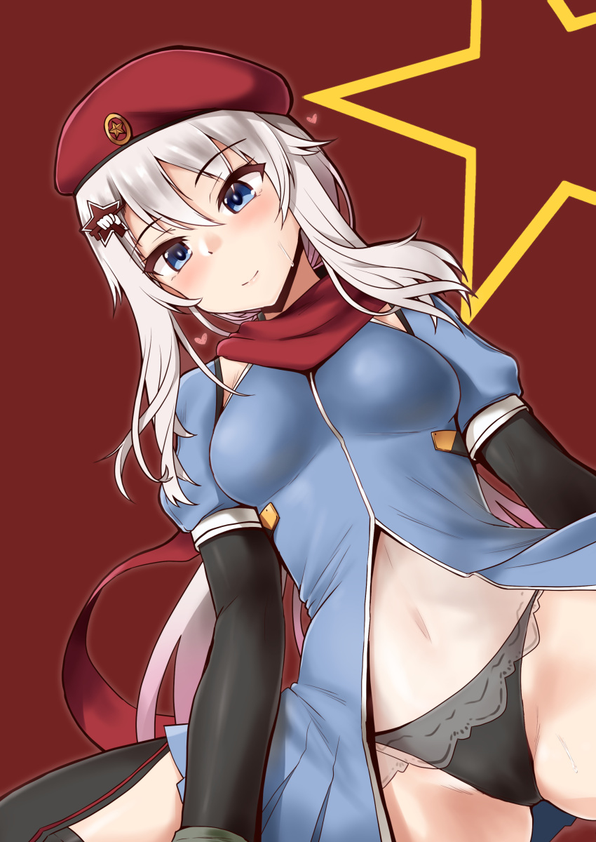 1girl, 9a-91_(girls_frontline), absurdres, beret, black_legwear, black_panties, blue_dress, blue_eyes