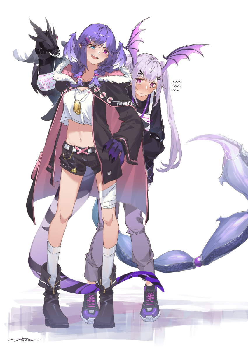 2girls, absurdres, animal_on_shoulder, arknights, bandaged_leg, bandages, belt, black_belt, black_footwear, black_jacket, black_shorts, black_sweater, blue_eyes, boots, breasts, cosplay, costume_switch, crop_top, dragon_tail, embarrassed, ember_(selen_tatsuki), hand_on_hip, head_wings, heterochromia, highres, hood, hooded_jacket, jacket, jewelry, looking_to_the_side, manticore_(arknights), manticore_(arknights)_(cosplay), medium_breasts, multiple_girls, necklace, nijisanji, nijisanji_en, open_mouth, purple_hair, scorpion_tail, selen_tatsuki, selen_tatsuki_(cosplay), shorts, smile, sweater, tail, trait_connection, tsukino_(nakajimaseiki), twintails, violet_eyes