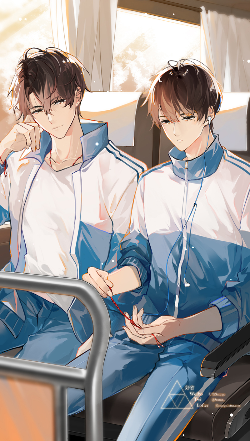2boys, blue_jacket, blue_pants, blurry, blurry_foreground, brown_hair, bus_interior, closed_mouth