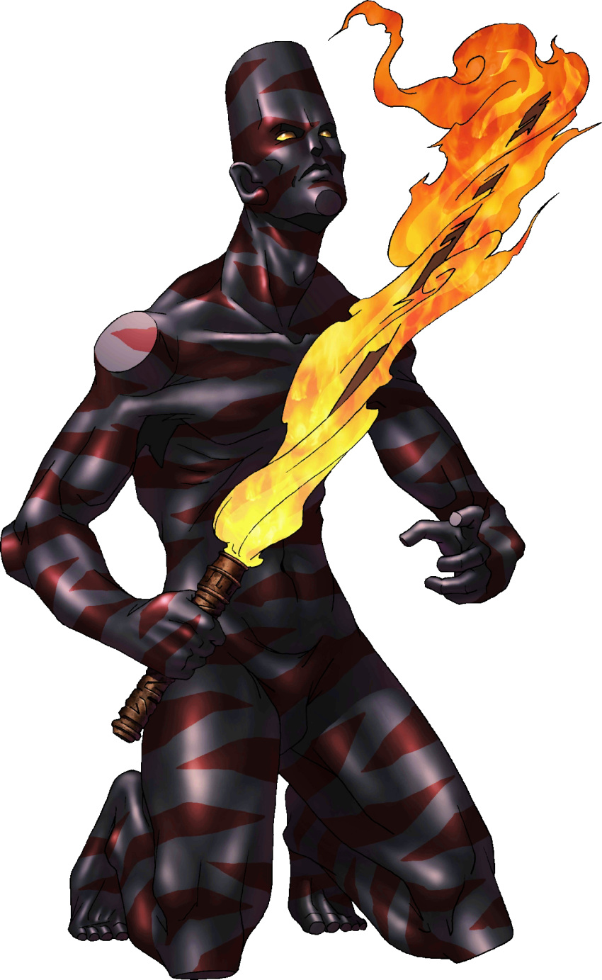 1boy, black_skin, collarbone, colored_skin, flaming_sword, flaming_weapon, full-body_tattoo, full_body