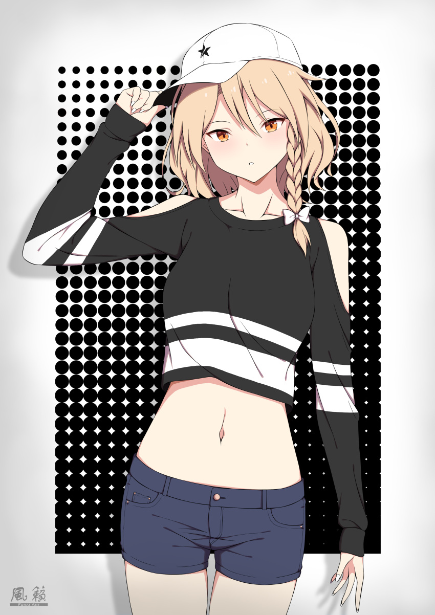 1girl, absurdres, alternate_costume, bangs, black_legwear, black_shirt, blonde_hair, bow