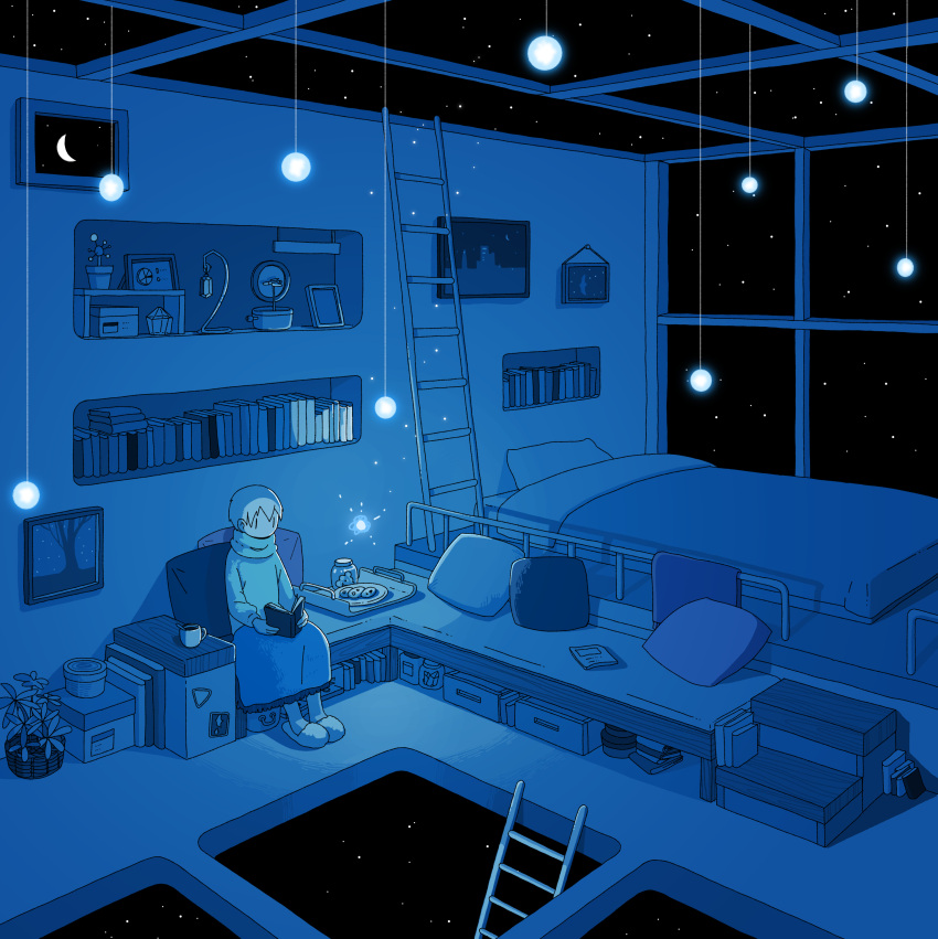 1boy, absurdres, bed, blanket, blue_theme, book, bookshelf, commentary_request