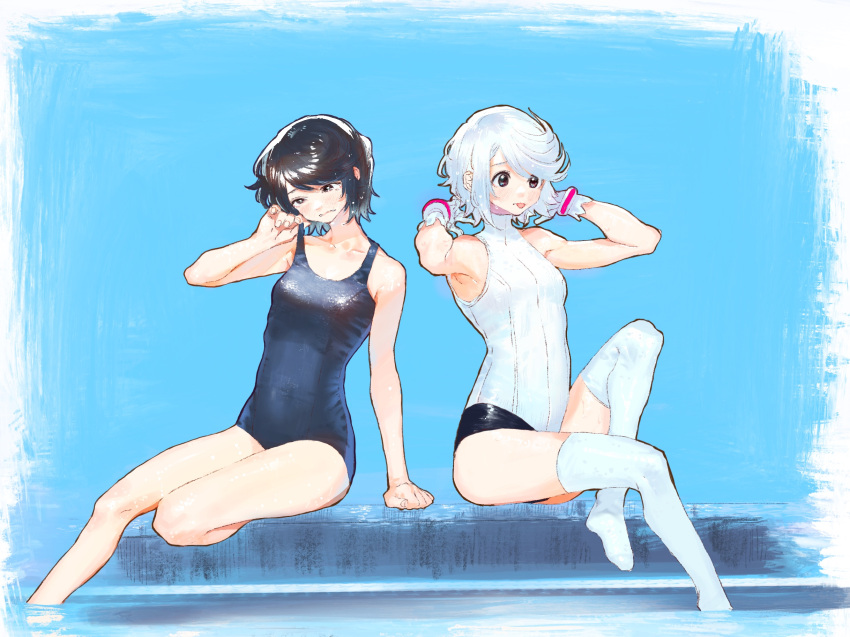 2girls, bangs, bare_shoulders, black_eyes, black_hair, blue_swimsuit, blush, bukimi_isan
