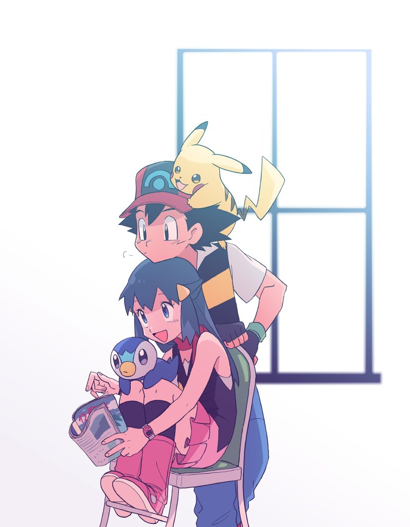 1boy, 1girl, ash_ketchum, bangs, baseball_cap, black_hair, black_legwear, black_shirt, blue_eyes, blue_pants, boots, chair, closed_mouth, commentary_request, hikari_(pokemon), dododo_dadada, eyelashes, fingerless_gloves, gen_1_pokemon, gen_4_pokemon, gloves, hair_ornament, hairclip, hat, holding, kneehighs, knees, long_hair, magazine, on_shoulder, open_mouth, pants, pikachu, pink_footwear, pink_skirt, piplup, pointing, pokemon, pokemon_(anime), pokemon_(creature), pokemon_dppt_(anime), pokemon_on_shoulder, red_scarf, scarf, shirt, short_sleeves, sitting, skirt, sleeveless, sleeveless_shirt, smile, spiky_hair, tongue
