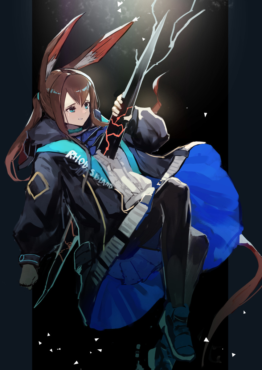 1girl, absurdres, amiya_(arknights), animal_ears, arknights, ascot, bangs, bannnouyakunta, black_background, black_jacket, black_legwear, blue_eyes, blue_footwear, blue_neckwear, brown_hair, commentary_request, crying, crying_with_eyes_open, floating, full_body, highres, hood, hood_down, hooded_jacket, impaled, injury, jacket, long_hair, long_sleeves, pantyhose, parted_lips, ponytail, rabbit_ears, solo, sweater, tears, white_sweater