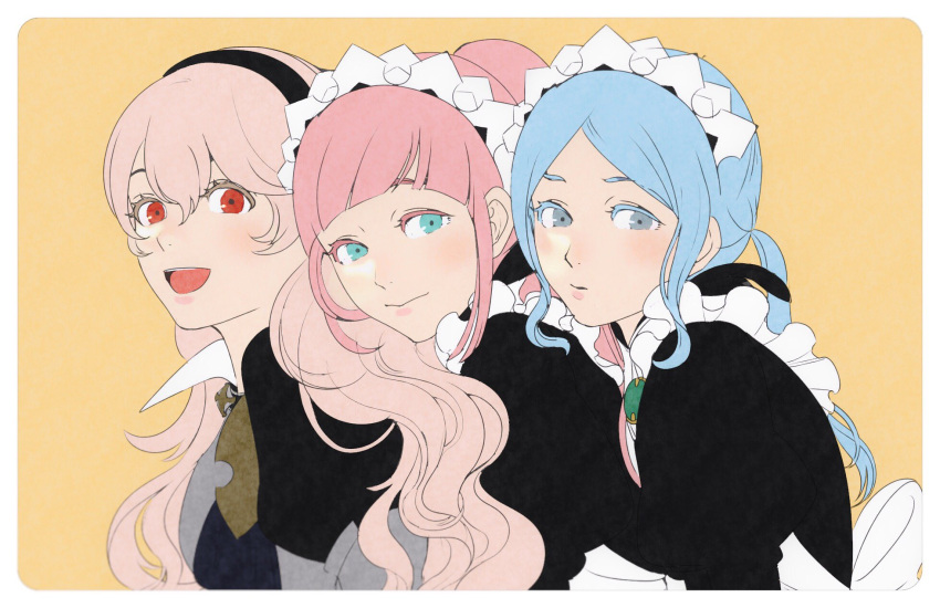 3girls, armor, armored_dress, bangs, bavaa, black_dress, black_headband, blue_hair, blunt_bangs, closed_mouth, commentary_request, corrin_(fire_emblem), corrin_(fire_emblem)_(female), dress, felicia_(fire_emblem), fire_emblem, fire_emblem_fates, flora_(fire_emblem), frills, green_eyes, grey_eyes, hair_between_eyes, headband, highres, hug, hug_from_behind, juliet_sleeves, lips, long_hair, long_sleeves, looking_at_viewer, maid, maid_headdress, manakete, multiple_girls, open_mouth, pink_hair, ponytail, puffy_sleeves, red_eyes, siblings, sidelocks, sisters, smile, twins, upper_body, upper_teeth, yellow_background