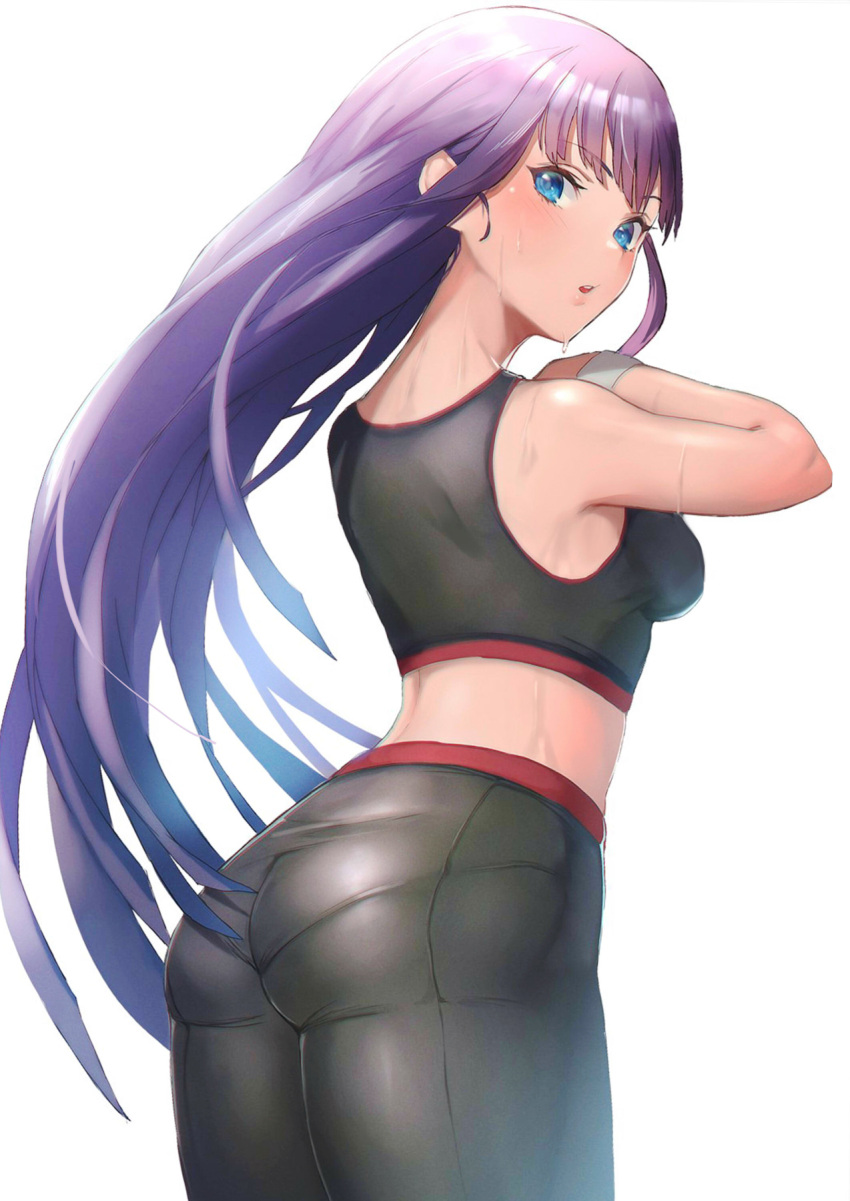 1girl, ass, back, bangs, bare_shoulders, black_bra, black_pants, blue_eyes