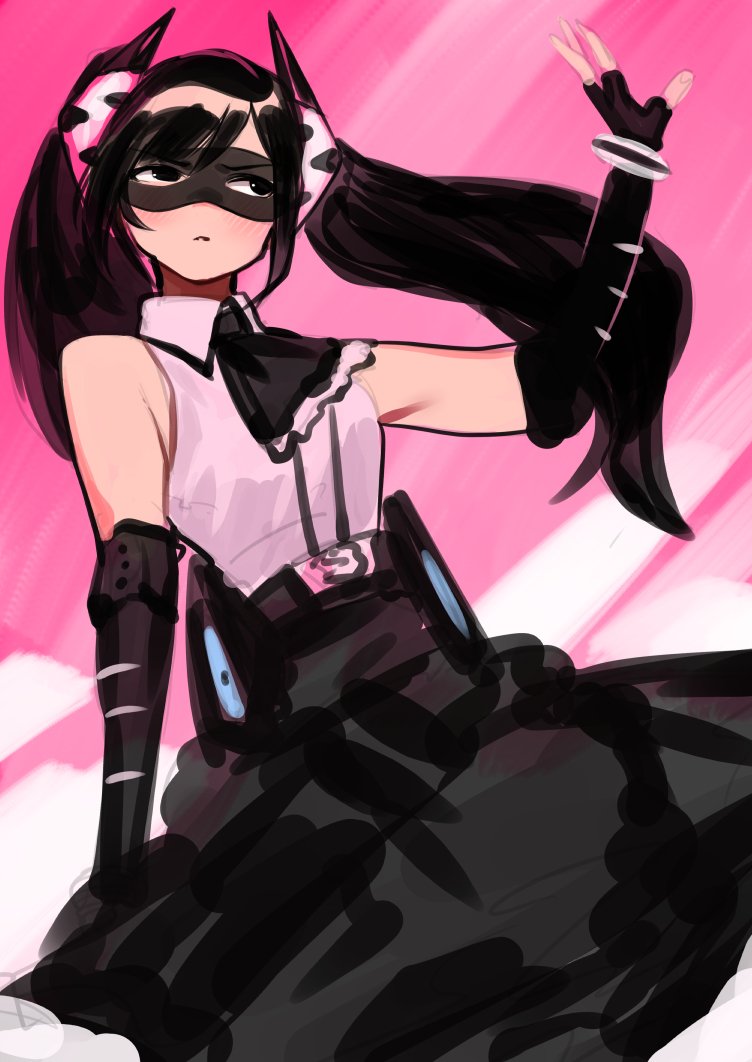 1girl, animal_print, bangs, bare_shoulders, black_hair, black_skirt, breasts, bukimi_isan