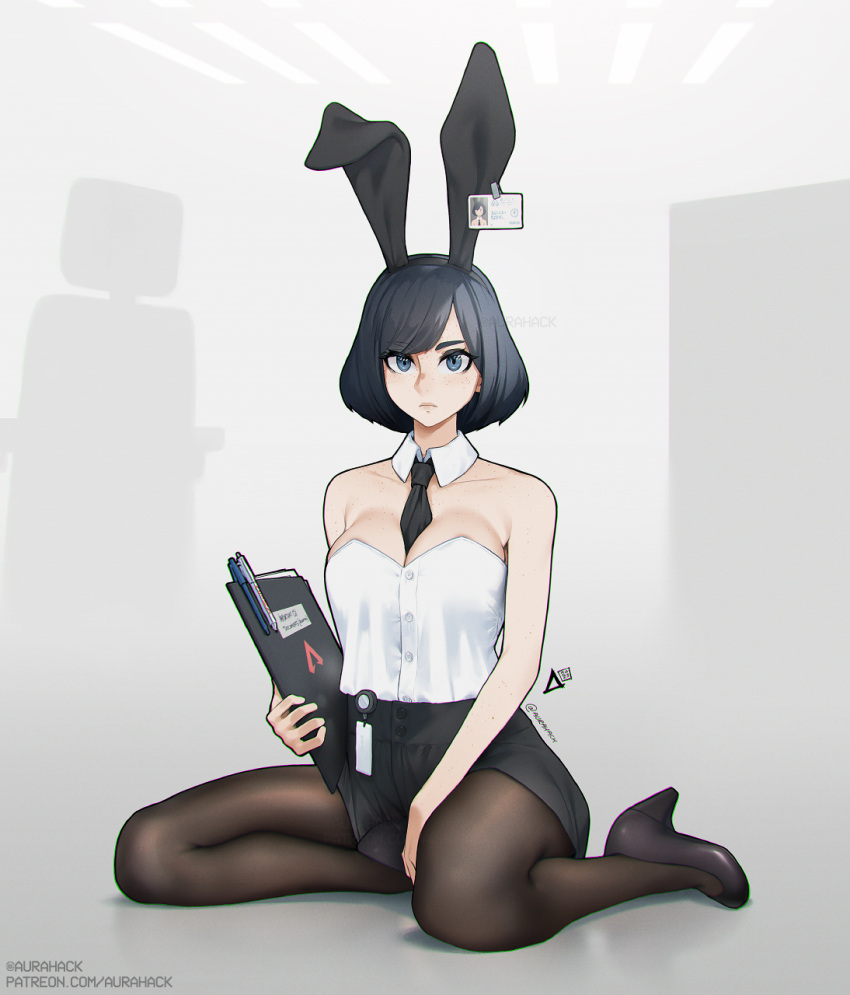 1girl, animal_ears, aurahack, bangs, bare_shoulders, between_breasts, black_footwear, black_hair