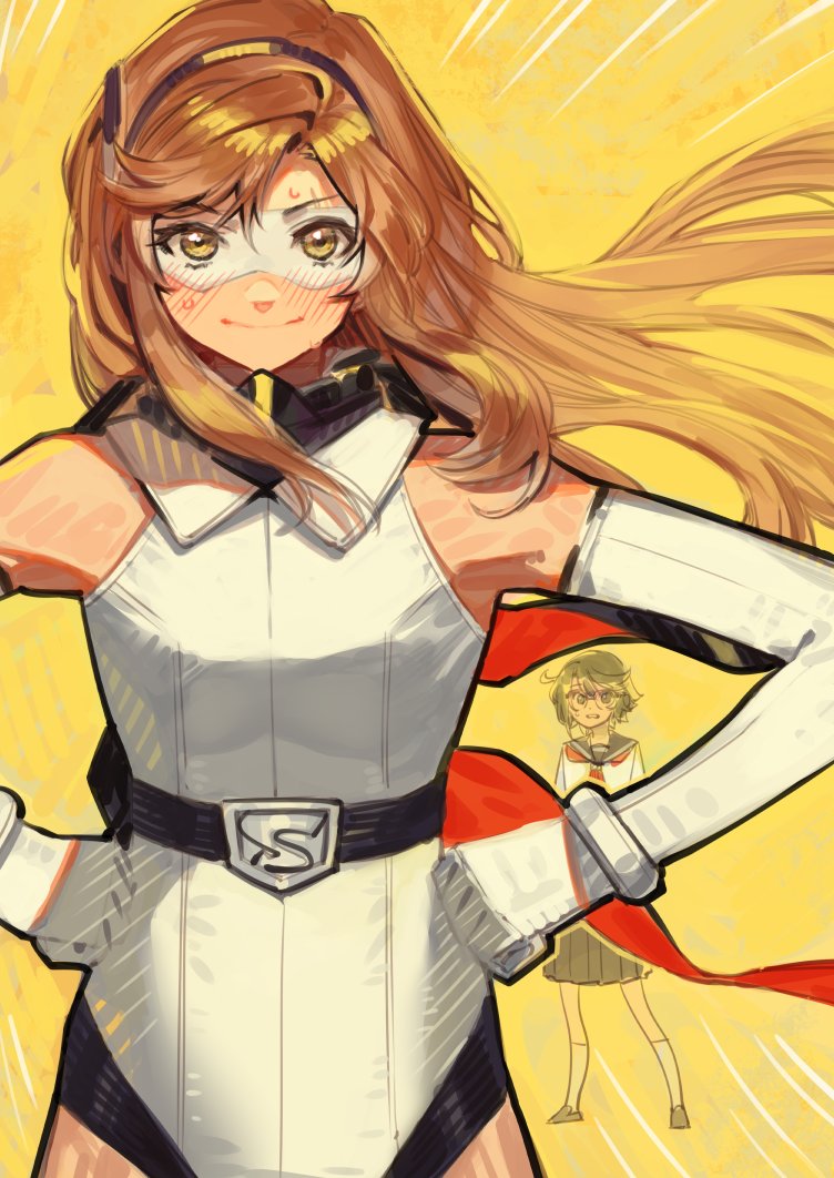 2girls, bangs, bare_shoulders, black_hairband, black_sailor_collar, black_skirt, blush, bracelet