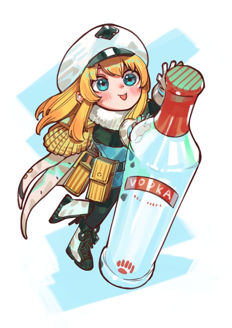 1girl, :p, alcohol, bangs, belt, blonde_hair, blush, brown_jacket, bukimi_isan, commentary_request, fur_collar, gloves, green_background, green_eyes, hands_up, hat, jacket, jacket_on_shoulders, long_hair, long_sleeves, looking_at_viewer, minigirl, shy_(series), simple_background, solo, spirits_(shy), tongue, tongue_out, vodka, white_background, white_gloves, white_headwear